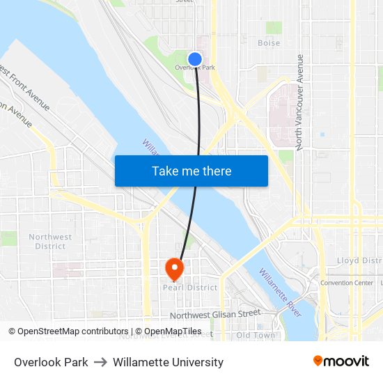 Overlook Park to Willamette University map