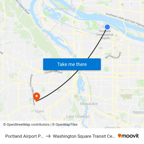 Portland Airport PDX to Washington Square Transit Center map