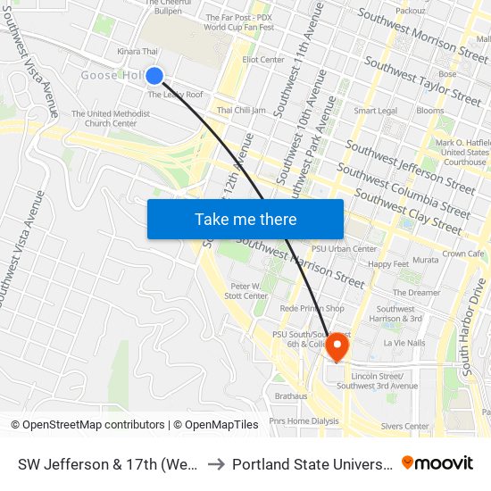 SW Jefferson & 17th (West) to Portland State University map