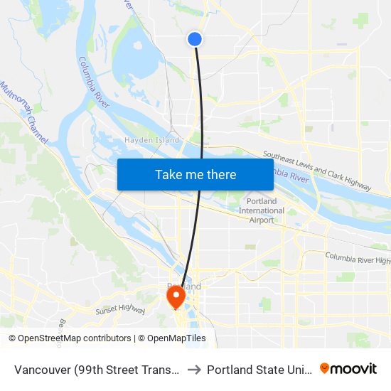 Vancouver (99th Street Transit Center) to Portland State University map