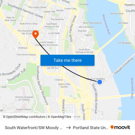 South Waterfront/SW Moody Max Station to Portland State University map