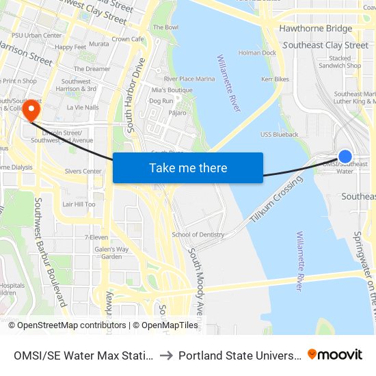OMSI/SE Water Max Station to Portland State University map