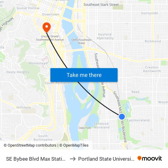 SE Bybee Blvd Max Station to Portland State University map