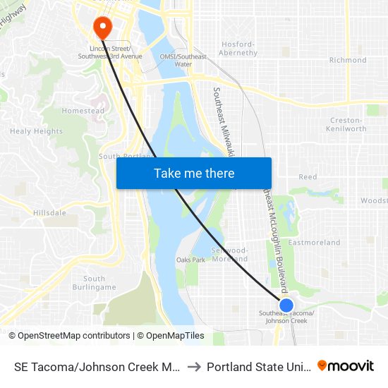 SE Tacoma/Johnson Creek Max Station to Portland State University map