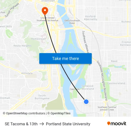SE Tacoma & 13th to Portland State University map