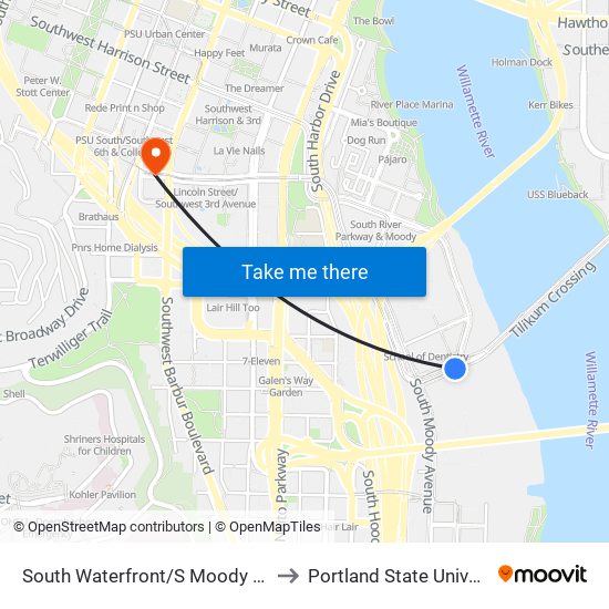 South Waterfront/S Moody (East) to Portland State University map