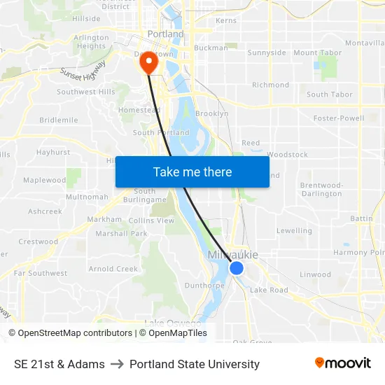 SE 21st & Adams to Portland State University map