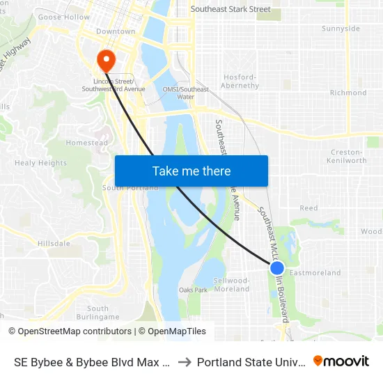 SE Bybee & Bybee Blvd Max Station to Portland State University map