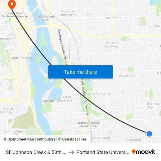 SE Johnson Creek & 58th Dr to Portland State University map