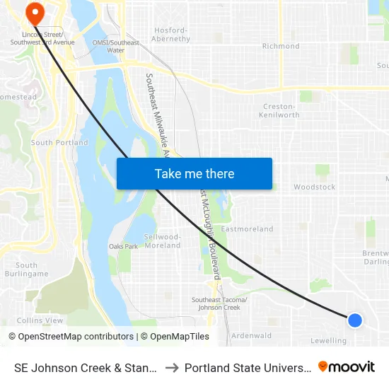SE Johnson Creek & Stanley to Portland State University map