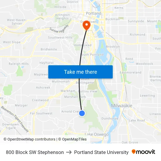 800 Block SW Stephenson to Portland State University map