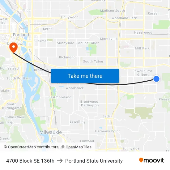 4700 Block SE 136th to Portland State University map