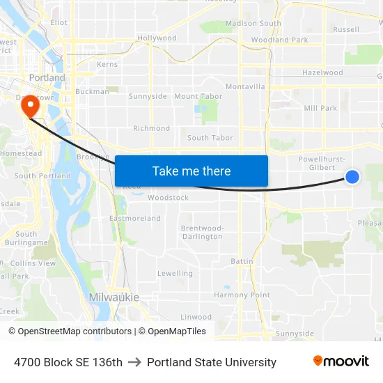 4700 Block SE 136th to Portland State University map