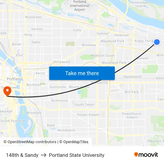 148th & Sandy to Portland State University map