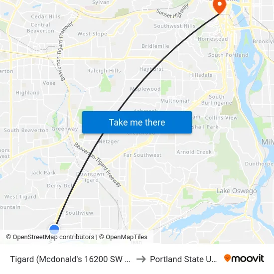 Tigard (Mcdonald's 16200 SW Pacific Hwy) to Portland State University map
