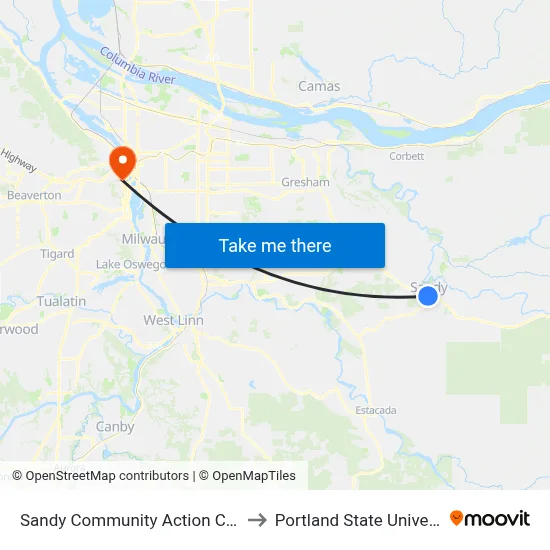 Sandy Community Action Center to Portland State University map