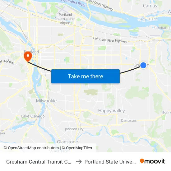 Gresham Central Transit Center to Portland State University map