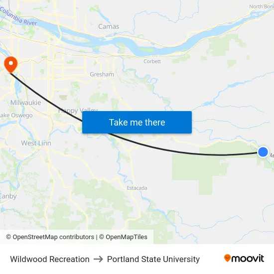 Wildwood Recreation to Portland State University map