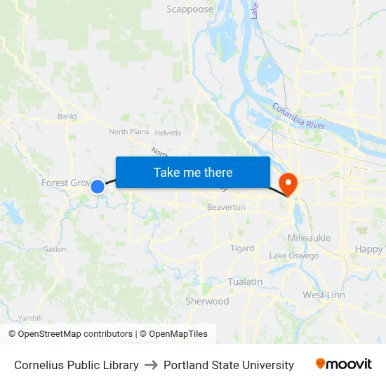 Cornelius Public Library to Portland State University map
