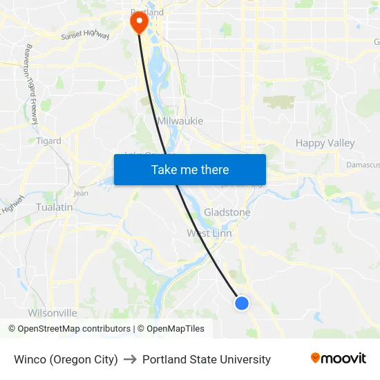 Winco (Oregon City) to Portland State University map