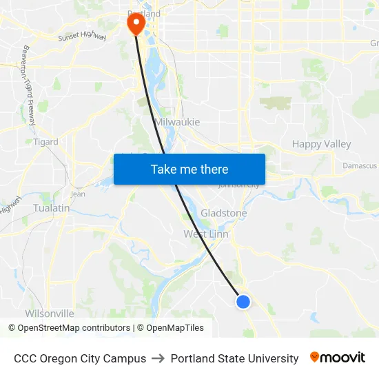 CCC Oregon City Campus to Portland State University map