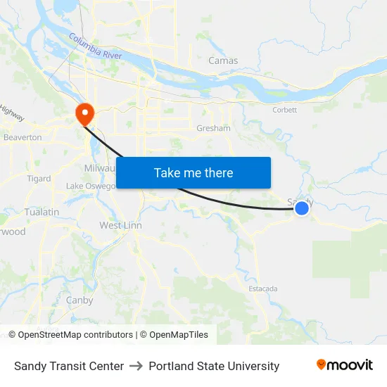 Sandy Transit Center to Portland State University map