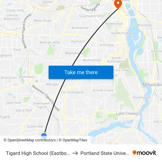 Tigard High School (Eastbound) to Portland State University map