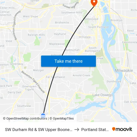 SW Durham Rd & SW Upper Boones Ferry Rd (Westbound) to Portland State University map