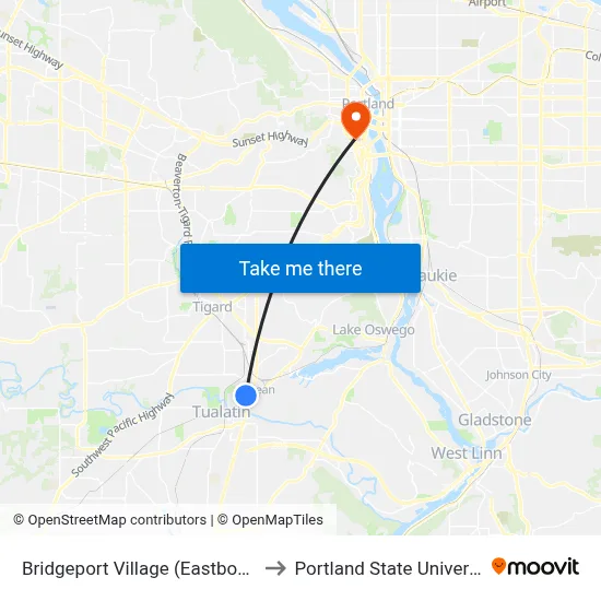 Bridgeport Village (Eastbound) to Portland State University map
