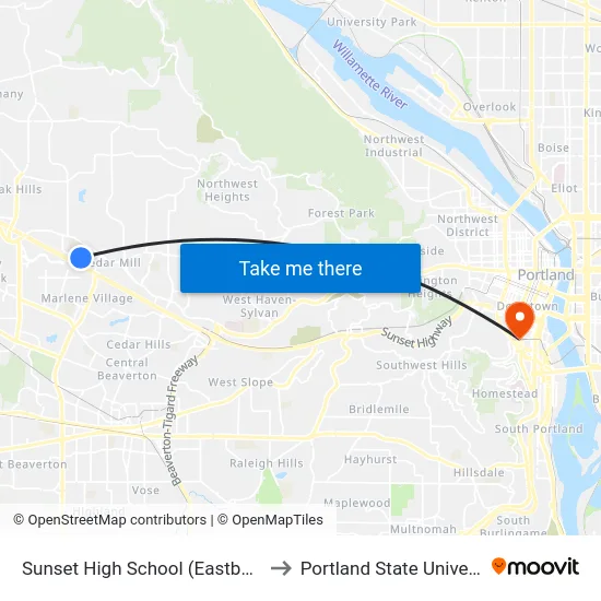 Sunset High School (Eastbound) to Portland State University map