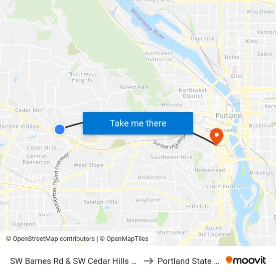 SW Barnes Rd & SW Cedar Hills Blvd (Westbound) to Portland State University map
