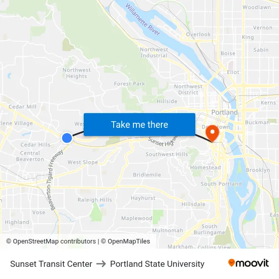 Sunset Transit Center to Portland State University map
