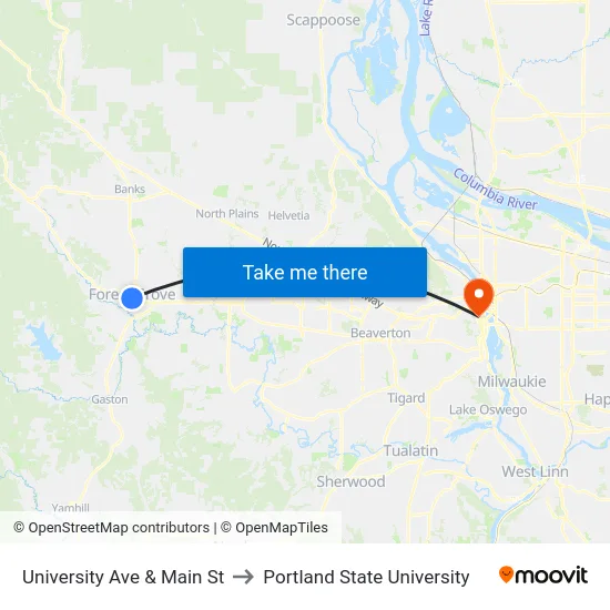University Ave & Main St to Portland State University map