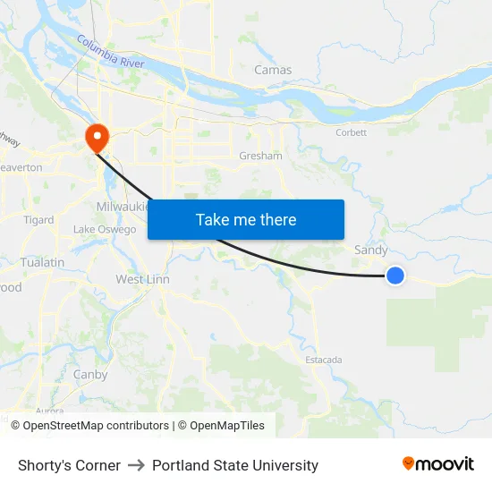 Shorty's Corner to Portland State University map