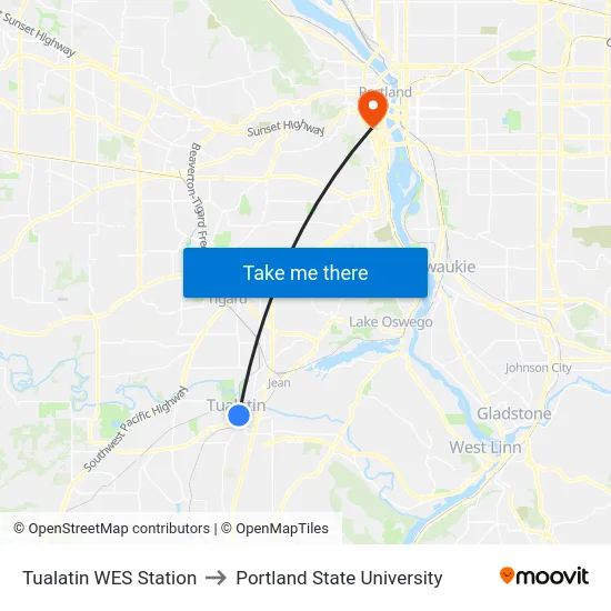 Tualatin WES Station to Portland State University map