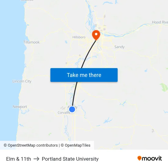 Elm & 11th to Portland State University map
