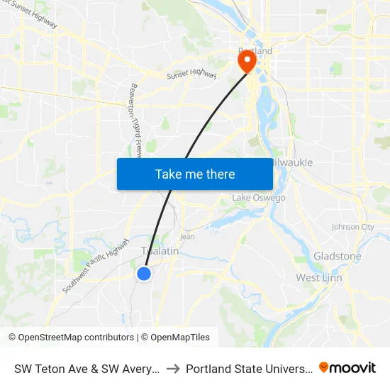 SW Teton Ave & SW Avery St to Portland State University map
