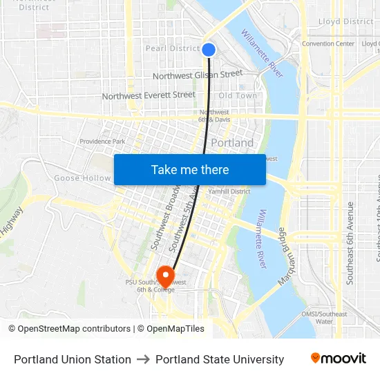 Portland Union Station to Portland State University map