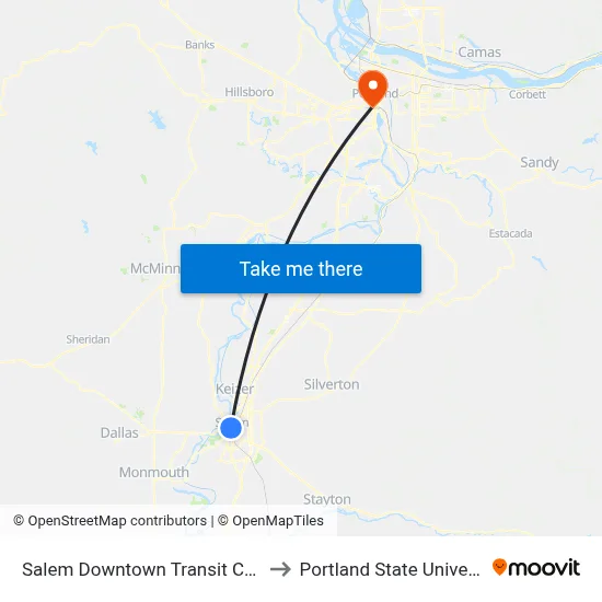Salem Downtown Transit Center to Portland State University map