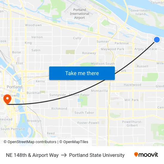 NE 148th & Airport Way to Portland State University map