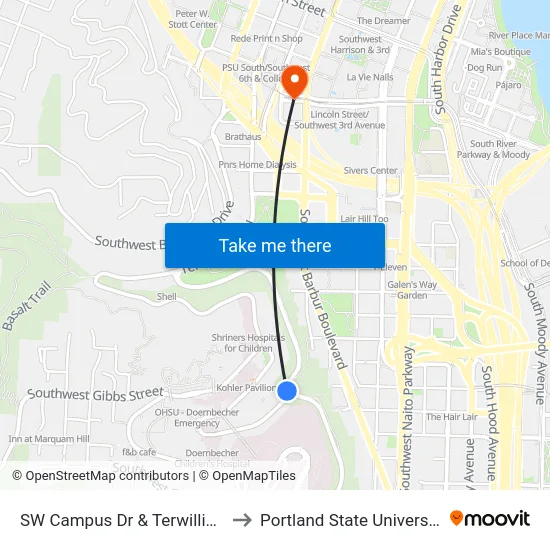 SW Campus Dr & Terwilliger to Portland State University map