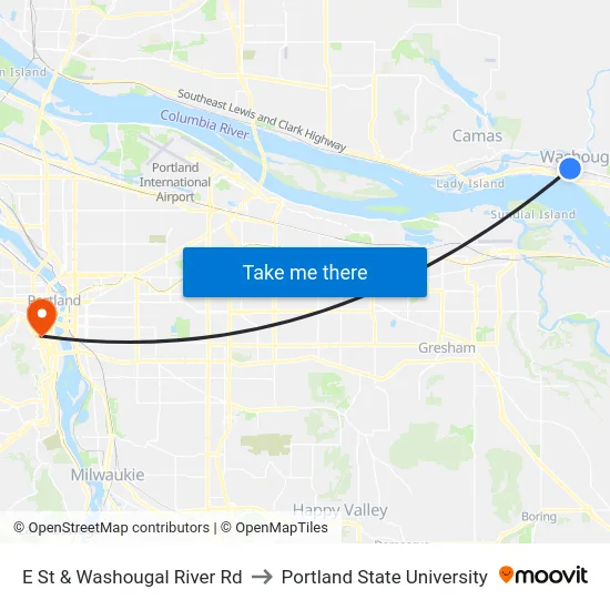 E St & Washougal River Rd to Portland State University map