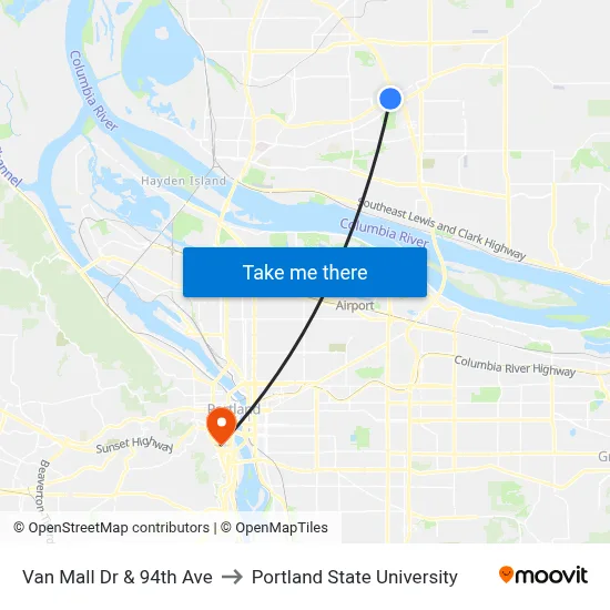 Van Mall Dr & 94th Ave to Portland State University map