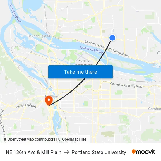 NE 136th Ave & Mill Plain to Portland State University map