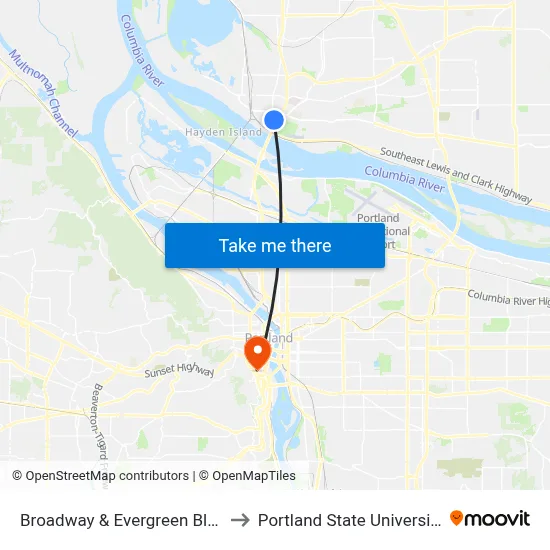 Broadway & Evergreen Blvd to Portland State University map