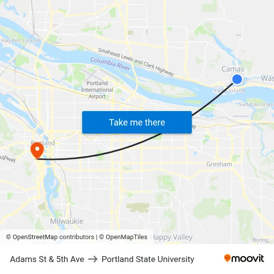 Adams St & 5th Ave to Portland State University map