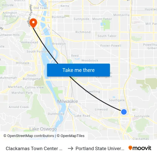 Clackamas Town Center Mall to Portland State University map