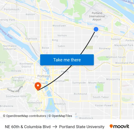 NE 60th & Columbia Blvd to Portland State University map
