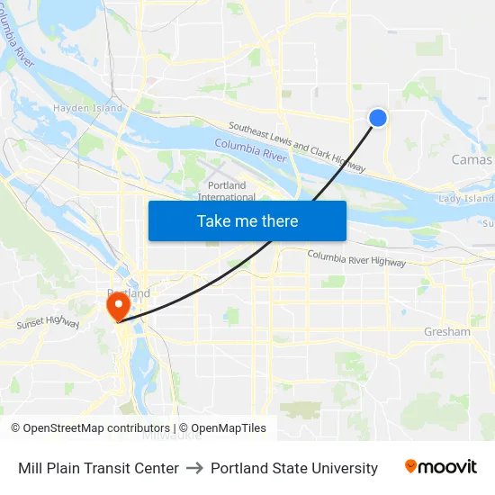 Mill Plain Transit Center to Portland State University map