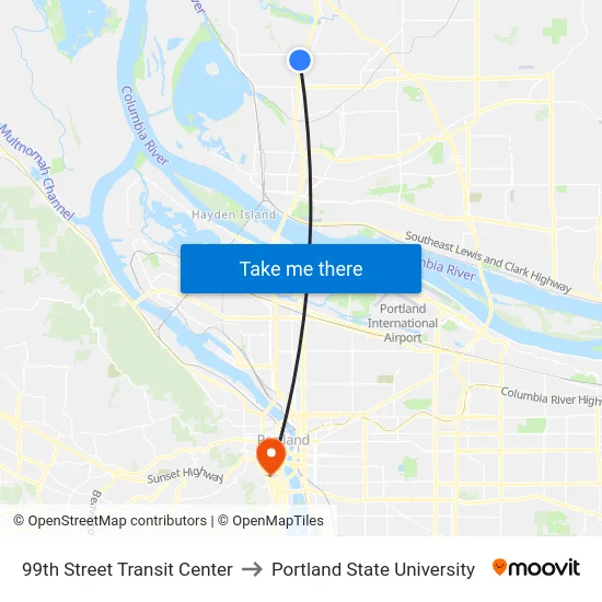 99th Street Transit Center to Portland State University map